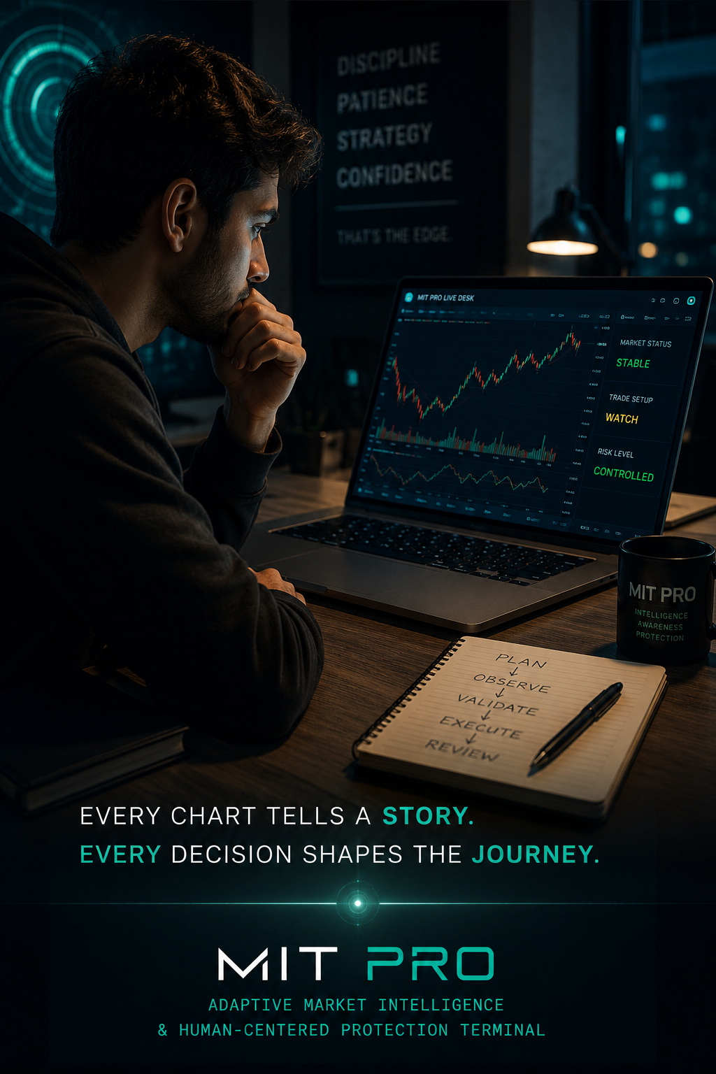 Calm trader observing charts with MIT Pro discipline message
